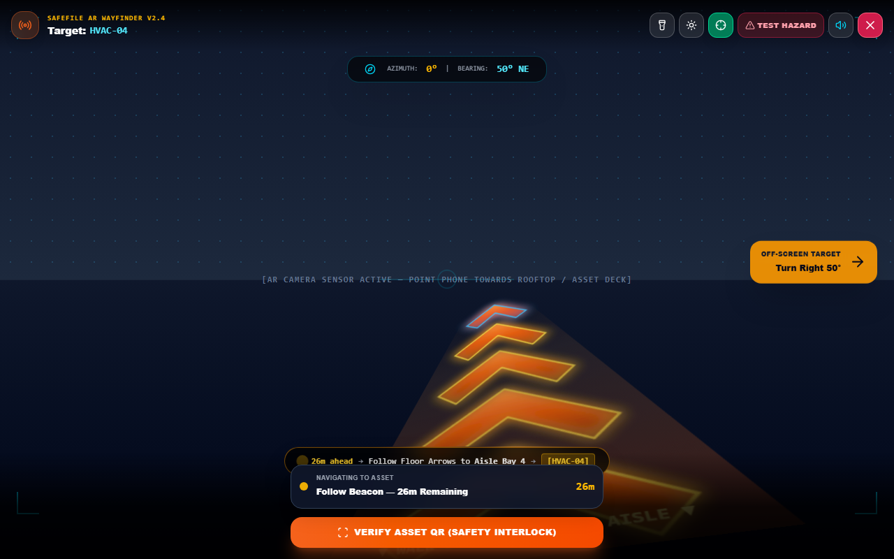 SafeFile AR Camera Wayfinder HUD interface showing 3D perspective arrows and target beacon